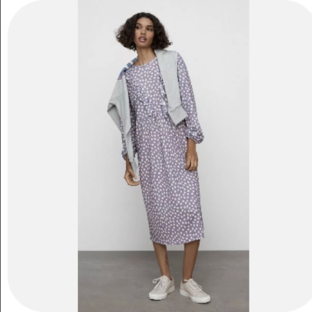 ZARA Dress Midi Round Neck Frilled Long Sleeves Elastic  Cuffs Ruffled Trims S